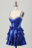 Metallic A-line Tiered Corset Royal Blue Graduation Dress with Bows