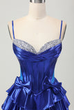 Metallic A-line Tiered Corset Royal Blue Graduation Dress with Bows