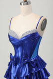 Metallic A-line Tiered Corset Royal Blue Graduation Dress with Bows