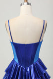 Metallic A-line Tiered Corset Royal Blue Graduation Dress with Bows