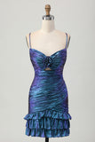 Blue Purple Ruched Cut Out Ruffled Metallic Graduation Dress