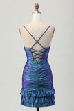 Metallic Blue Purple Bodycon Cut Out Ruffled Graduation Dress