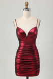 Sparkly Metallic Burgundy Spaghetti Straps Tight Ruched Short Graduation Dress