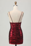 Sparkly Metallic Burgundy Spaghetti Straps Tight Ruched Short Graduation Dress