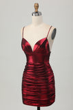 Sparkly Metallic Burgundy Spaghetti Straps Tight Ruched Short Graduation Dress