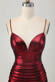 Sparkly Metallic Burgundy Spaghetti Straps Tight Ruched Short Graduation Dress