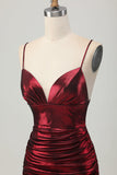 Sparkly Metallic Burgundy Spaghetti Straps Tight Ruched Short Graduation Dress