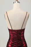 Sparkly Metallic Burgundy Spaghetti Straps Tight Ruched Short Graduation Dress