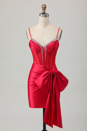 Red Bodycon Corset Ruched Beaded Graduation Dress with Bow