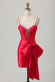 Red Bodycon Corset Ruched Beaded Graduation Dress with Bow