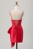 Red Bodycon Corset Ruched Beaded Graduation Dress with Bow