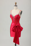 Red Bodycon Corset Ruched Beaded Graduation Dress with Bow