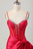 Red Bodycon Corset Ruched Beaded Graduation Dress with Bow