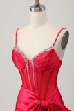 Red Bodycon Corset Ruched Beaded Graduation Dress with Bow