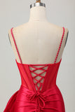 Red Bodycon Corset Ruched Beaded Graduation Dress with Bow