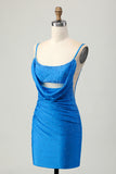 Blue Bodycon Cut Out Short Graduation Dress with Beading