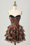Strapless Khaki Leopard Tiered A Line Corset Graduation Dress with Ruffles