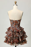 Strapless Khaki Leopard Tiered A Line Corset Graduation Dress with Ruffles