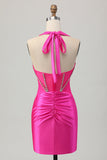 Fuchsia Bodycon Halter Backless Satin Graduation Dress with Rhinestones
