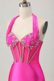 Fuchsia Bodycon Halter Backless Satin Graduation Dress with Rhinestones