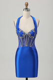 Royal Blue Bodycon Halter Short Satin Graduation Dress with Rhinestones