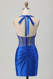 Royal Blue Bodycon Halter Short Satin Graduation Dress with Rhinestones