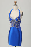Royal Blue Bodycon Halter Backless Satin Graduation Dress with Rhinestones