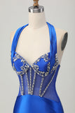 Royal Blue Bodycon Halter Backless Satin Graduation Dress with Rhinestones