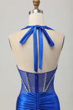 Royal Blue Bodycon Halter Backless Satin Graduation Dress with Rhinestones