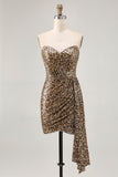 Khaki Leopard Ruched Strapless Short Graduation Dress with Streamer