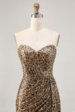 Khaki Leopard Ruched Strapless Short Graduation Dress with Streamer