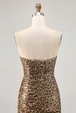 Khaki Leopard Ruched Strapless Short Graduation Dress with Streamer