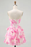 Pink Floral A-Line Strapless Corset Graduation Dress with Sequins