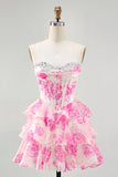 Pink Floral A-Line Strapless Corset Graduation Dress with Sequins