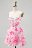 Pink Flower Strapless Corset Printed Graduation Dress with Sequins