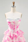Pink Flower Strapless Corset Printed Graduation Dress with Sequins