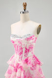Pink Flower Strapless Corset Printed Graduation Dress with Sequins