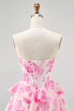 Pink Flower Strapless Corset Printed Graduation Dress with Sequins
