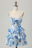 White Blue Floral A Line Strapless Corset Tiered Short Graduation Dress