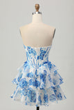White Blue Flower A-line Strapless Corset Tiered Short Graduation Dress with Sequins