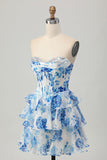 White Blue Flower A-line Strapless Corset Tiered Short Graduation Dress with Sequins
