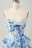 White Blue Flower A-line Strapless Corset Tiered Short Graduation Dress with Sequins
