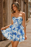 White Blue Floral A Line Strapless Corset Tiered Short Graduation Dress