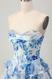 White Blue Flower A-line Strapless Corset Tiered Short Graduation Dress with Sequins