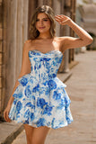 White Blue Floral A Line Strapless Corset Tiered Short Graduation Dress