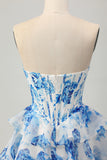 White Blue Flower A-line Strapless Corset Tiered Short Graduation Dress with Sequins