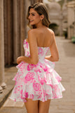 Pink Floral A-Line Strapless Corset Graduation Dress with Sequins