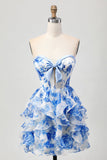 White Blue Floral A-line Strapless Ruffle Cut Out Graduation Dress with Bow