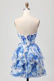White Blue Floral A-line Strapless Ruffle Cut Out Graduation Dress with Bow