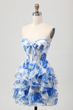 White Blue Floral A-line Strapless Ruffle Cut Out Graduation Dress with Bow
